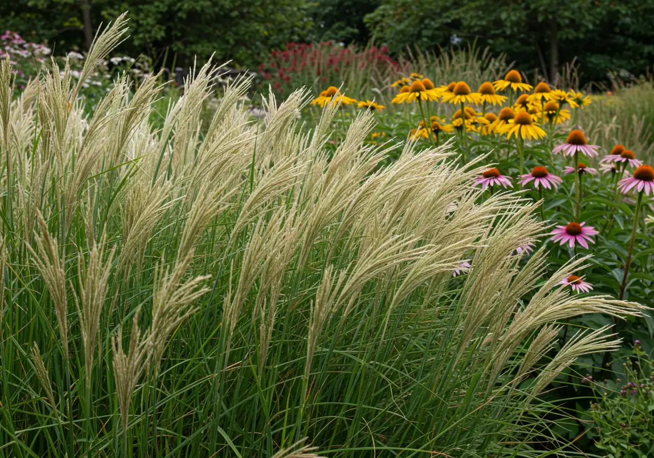 A close-up or medium shot focusing on wind-tolerant ornamental grasses within a garden bed. Feature Feather Reed Grass ('Karl Foerster') or Switchgrass gently swaying in a breeze, showcasing their flexible stems and fine texture. The grasses should look elegant and healthy, possibly mixed with other tough perennials like Coneflowers or Sedum, illustrating beautiful plant choices that work *with* the wind.