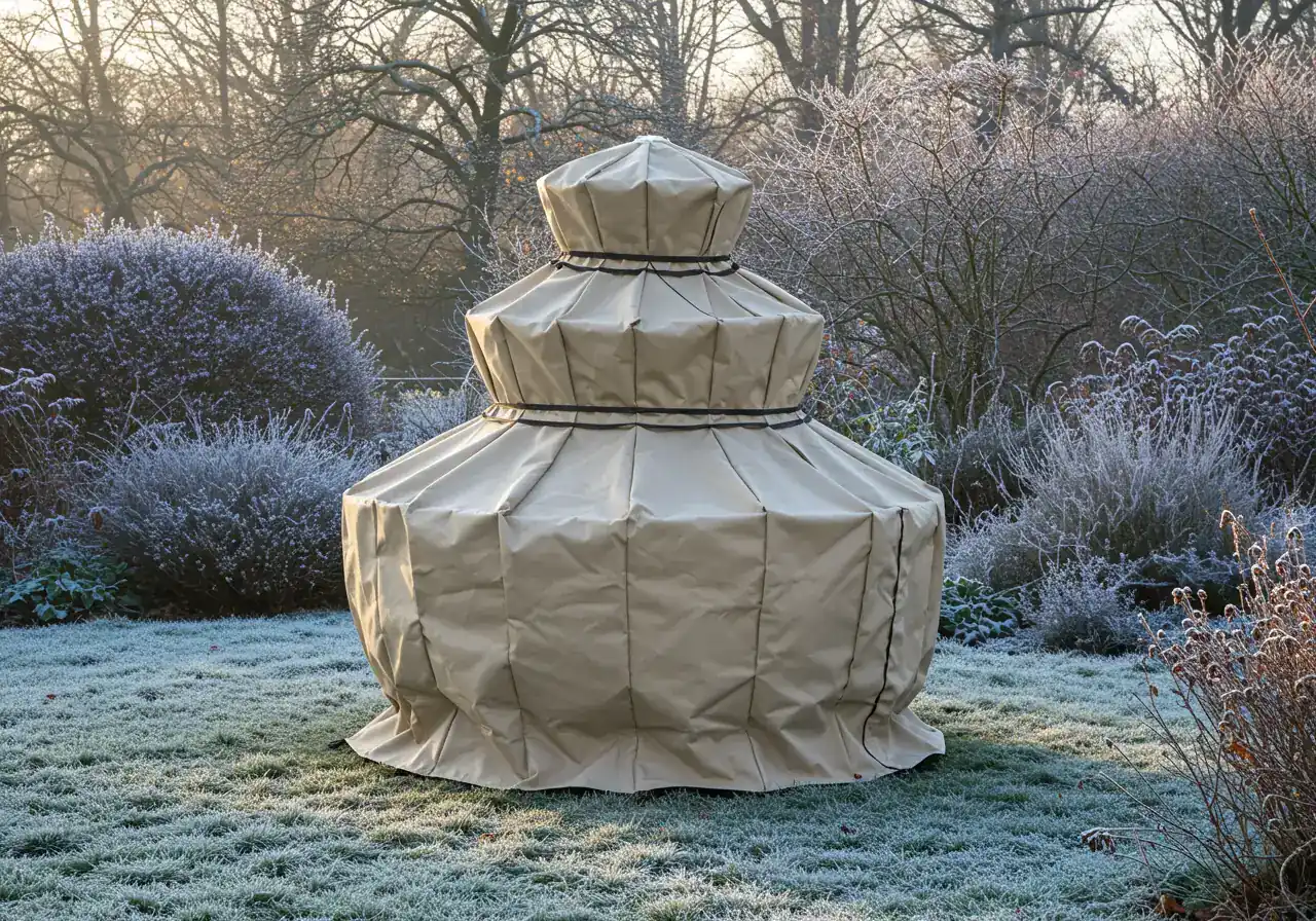 An image showing a large outdoor fountain properly prepared for winter. The fountain should be completely covered with a fitted, weatherproof, breathable cover secured at the base, set against a dormant winter garden backdrop.