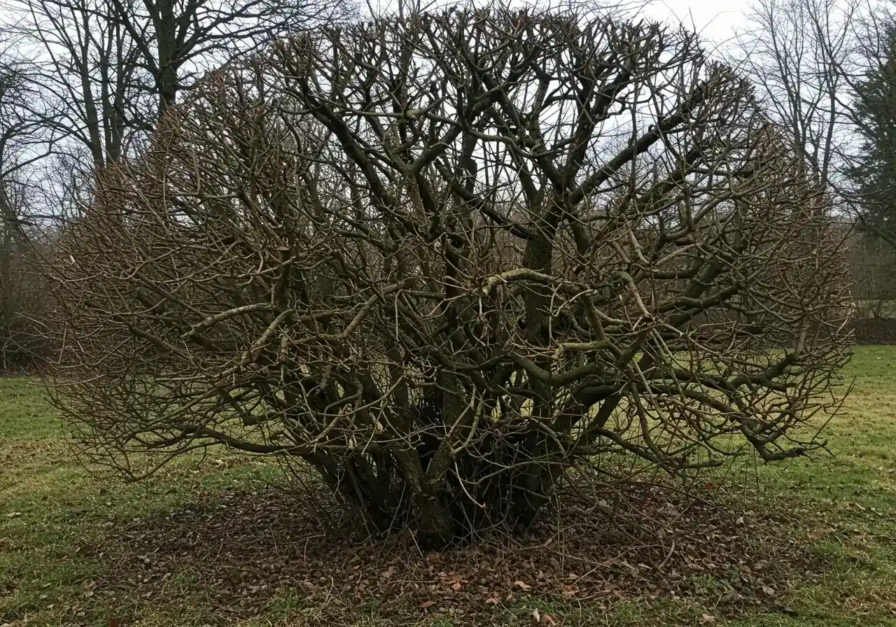 A medium shot focusing on an overgrown deciduous shrub exhibiting clear signs of needing renovation. The image should clearly show excessive thick, old, woody stems, tangled branching, visible deadwood (brown, leafless branches), and potentially a sparse or hollow center. The shrub should look neglected and past its prime, perhaps a common type like lilac or spirea, photographed in late winter or early spring before leaf-out for maximum structural visibility.