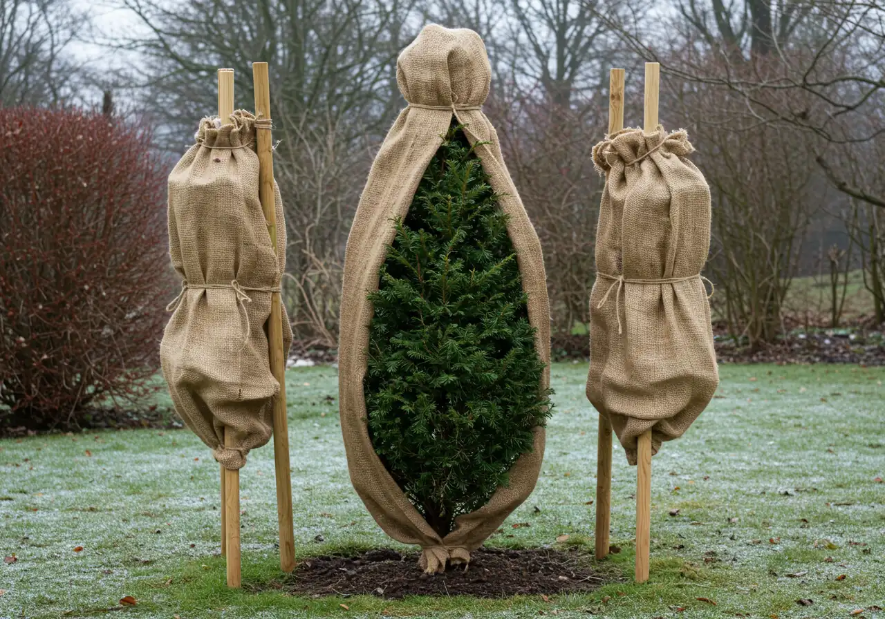 A medium shot capturing an upright evergreen shrub (e.g., a pyramidal cedar or yew) prepared for winter using the stake-and-burlap method. Four wooden stakes are placed around the shrub, and coarse, light-brown burlap is wrapped around the outside of the stakes, secured with twine, shielding the foliage from wind and sun without touching it directly. Illustrates proper shrub wrapping technique.