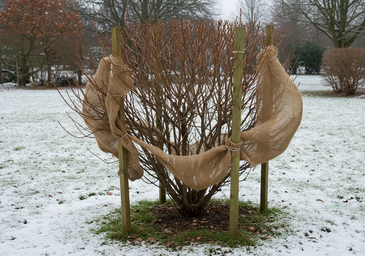 A clear photograph showing a medium-sized deciduous shrub or small evergreen correctly wrapped in burlap for winter protection. The image should highlight the use of stakes placed slightly away from the plant to support the burlap, the burlap wrapped loosely around the stakes (not tight against the plant), secured with twine, and importantly, the top left open for ventilation. Light snow dusts the ground.