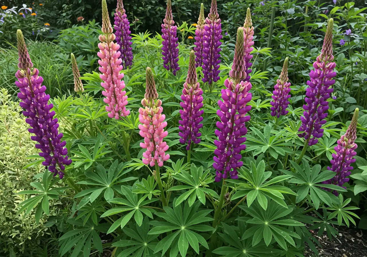 A photograph showing the positive result of deadheading – a Russell Lupin plant producing a secondary flush of blooms. This image could show a healthy lupin clump with its main foliage and several smaller, less dense flower spikes emerging later in the season, demonstrating the 'energy boost' effect.