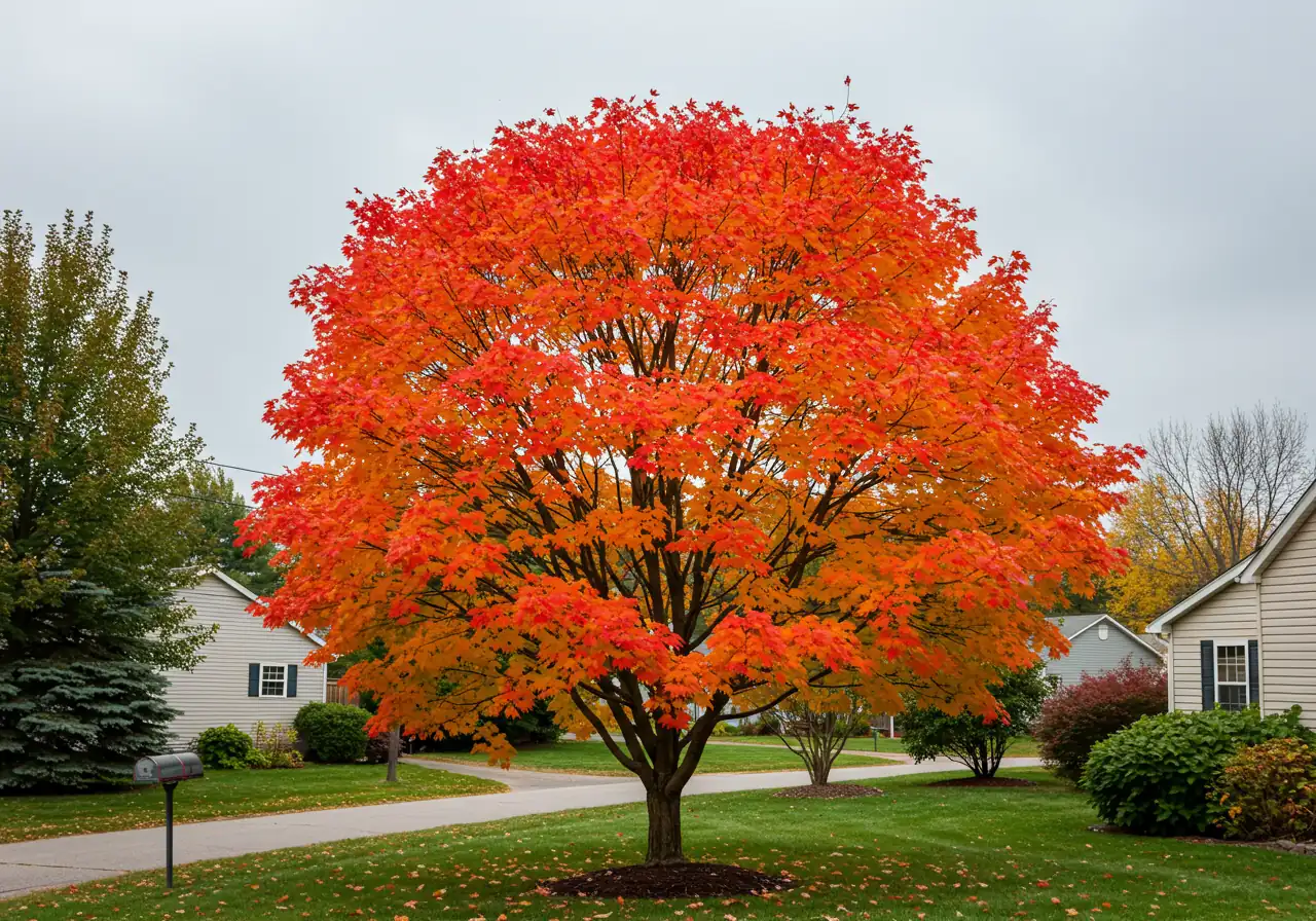 A vibrant image showcasing one of the recommended clay-tolerant trees, like a Freeman Maple, in its full glory during the fall season, planted in a typical residential setting.