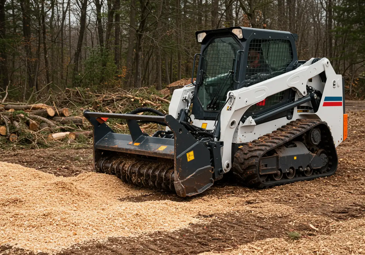 A photograph focusing on professional land clearing machinery suitable for the tasks described, like a mid-size excavator with a forestry mulcher or grapple attachment, parked safely on a cleared site. No people should be visible. The image should convey capability and efficiency without appearing overly destructive.