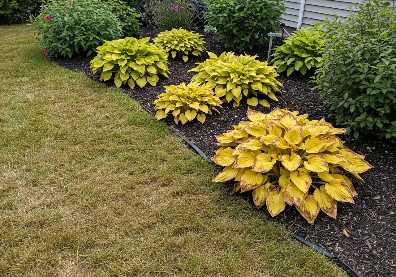 A visual example of common summer garden damage. The image should show a section of lawn with distinct brown, dry patches adjacent to a garden bed where perennial plants (like hostas or daylilies) exhibit visible stress, such as yellowing leaves with brown, crispy edges. This illustrates the 'clues' discussed in the assessment.