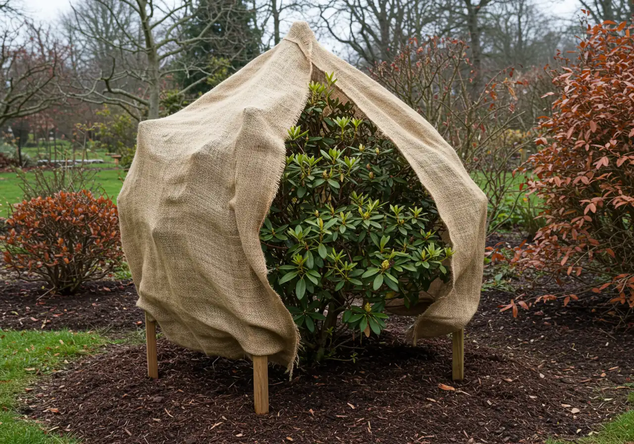 An image showing a vulnerable shrub, like a broadleaf evergreen (e.g., rhododendron or boxwood), correctly protected for winter. This could be a burlap screen secured to stakes around the plant, demonstrating protection against wind and salt spray without tightly binding the foliage.