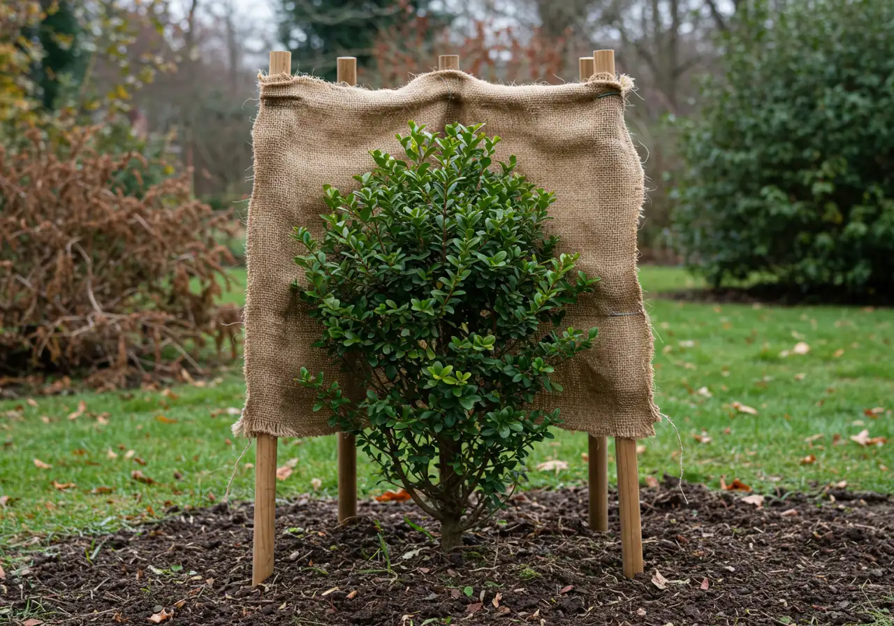 An evergreen shrub, such as a Boxwood or small Cedar, protected for winter using the stake-and-burlap method. Wooden stakes surround the shrub without touching it, and coarse brown burlap is wrapped around the stakes, creating a screen primarily on the windward/sunny side, with the top left open for air circulation.