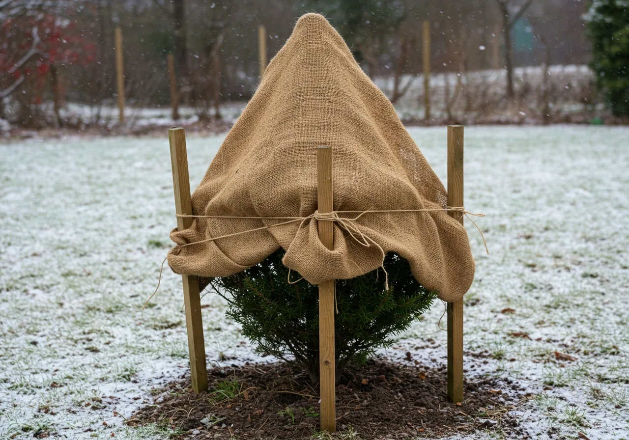 An image showing a small evergreen shrub properly wrapped in burlap for winter protection. The burlap should be secured to stakes placed around the shrub, not tightly against the foliage, illustrating the 'Burlap Bubble' technique described.