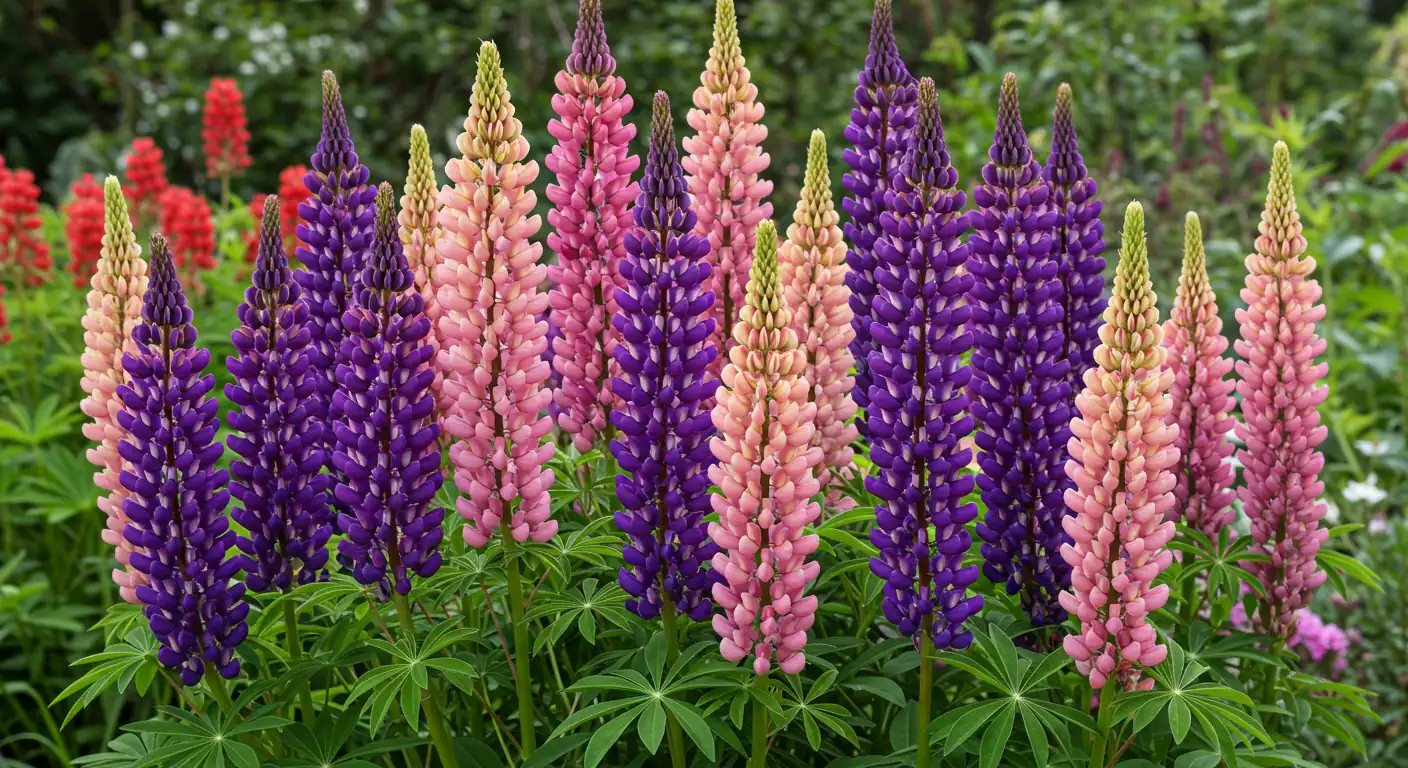 A vibrant, eye-catching photograph showcasing Russell Lupins in their prime. This image should capture the beauty described in the introduction, featuring multiple tall spikes of lupins in various colours (like purple, pink, white) against a sunny garden backdrop. The focus should be on the healthy, blooming flowers.