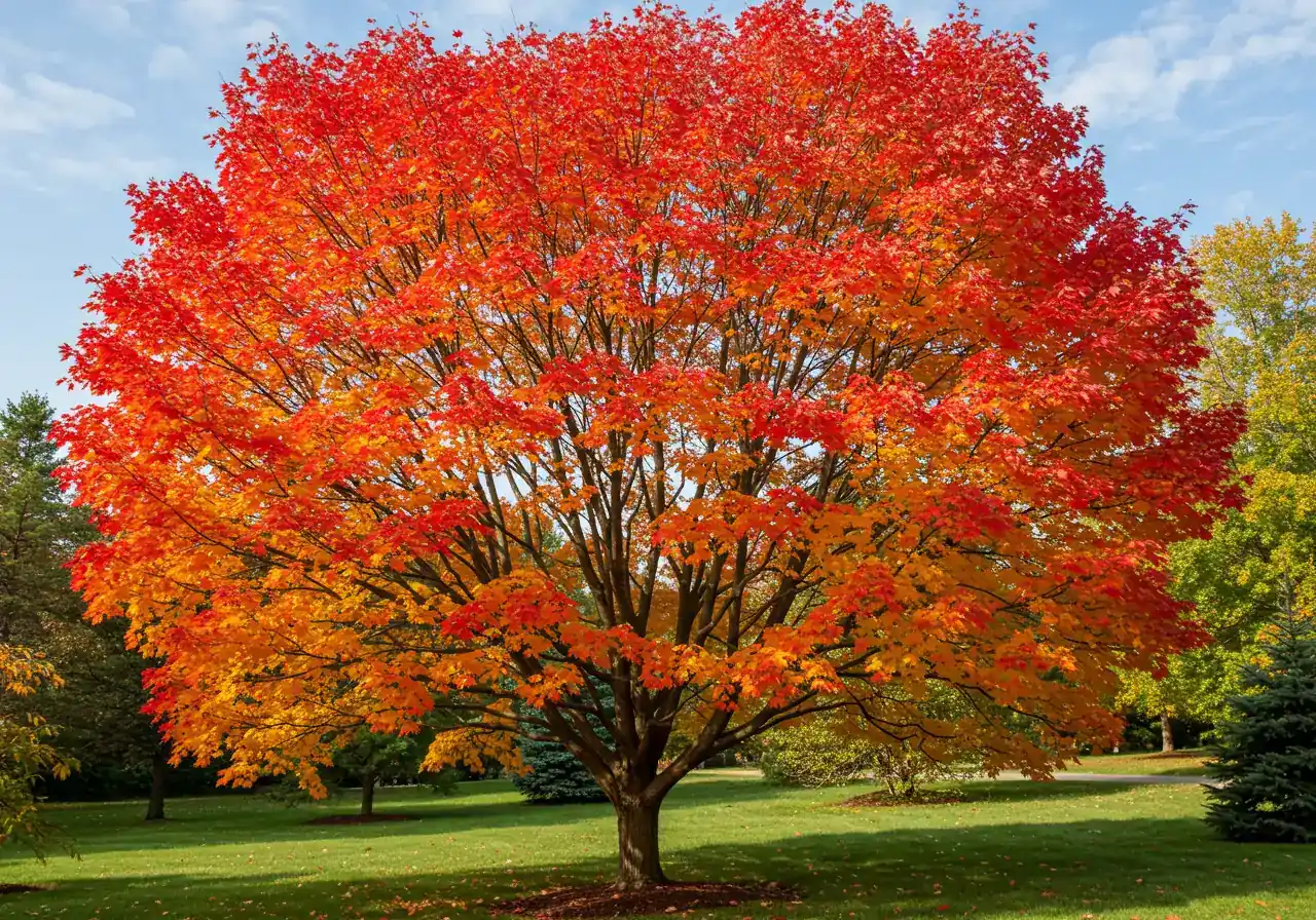 A vibrant photograph showcasing a healthy, mature example of one of the recommended clay-tolerant trees, such as a Freeman Maple in full autumn color. The tree should be well-established, standing prominently in a typical suburban lawn setting under a bright sky, illustrating its potential beauty and resilience in the described environment.