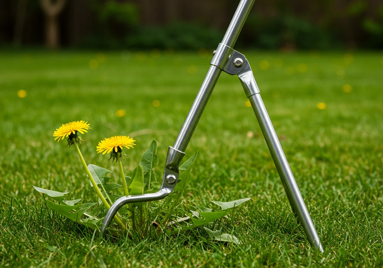 An image focusing specifically on a stand-up weeder tool. The tool should be shown upright, resting in a patch of lawn near a visible target weed (like a dandelion). The focus should be on the tool's mechanism (claws/tines at the base) and its potential use, illustrating the concept of weeding without bending.