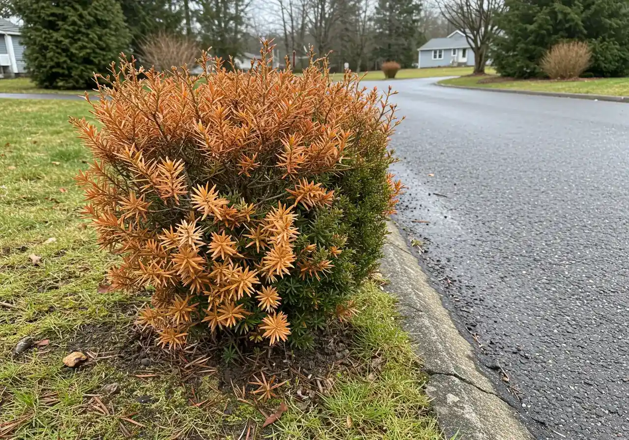 Provides a clear visual example of salt damage specifically on evergreens, as described under 'Evergreen Troubles', diversifying the visual examples.