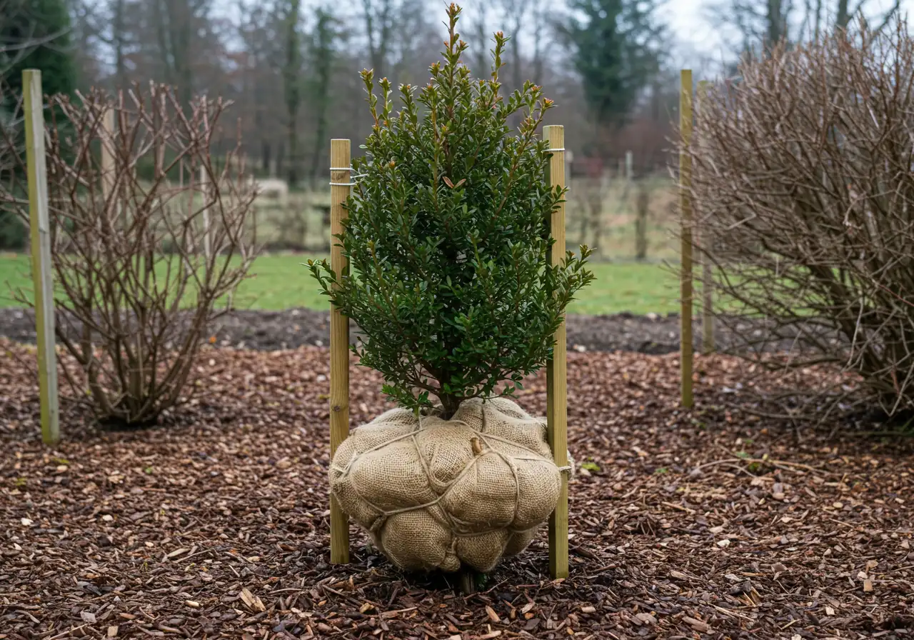 A clear photograph showing a vulnerable shrub, perhaps a broadleaf evergreen like a rhododendron or a young upright cedar, properly prepared for winter. It is loosely encircled by 3-4 wooden stakes, and natural burlap is wrapped around the outside of the stakes (not touching the plant), creating a protective screen. Twine secures the burlap to the stakes. The ground around the base is mulched with shredded leaves or wood chips, pulled slightly away from the base. The setting is a dormant garden bed.