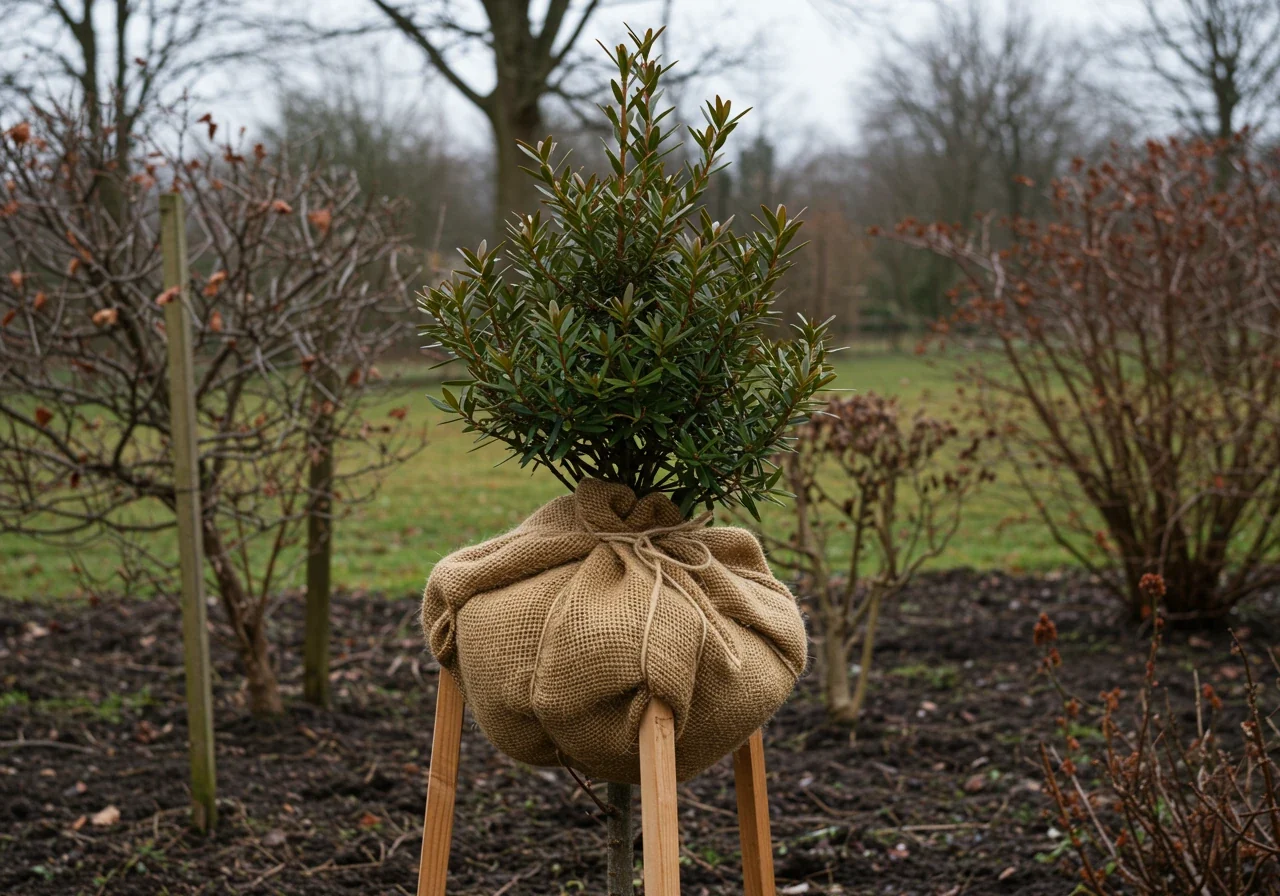 A medium shot photograph of a vulnerable evergreen shrub, such as a small cedar or rhododendron, which has been neatly wrapped in natural tan burlap for winter protection against windburn and sunscald. Wooden stakes are visibly supporting the burlap structure around the plant, preventing direct contact with the foliage. The setting is a dormant garden bed in late fall.