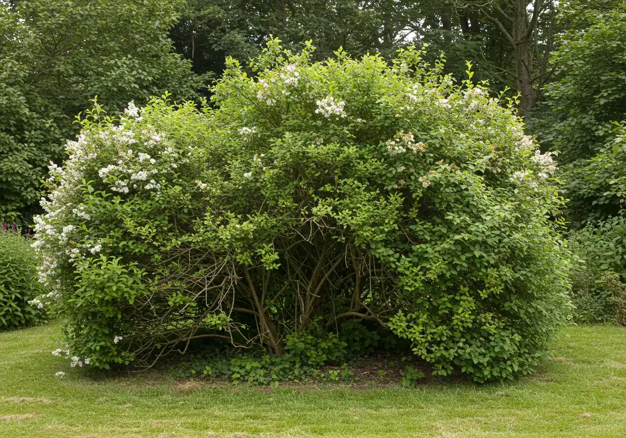 A clear photograph illustrating the 'Bare Knees Look' on a shrub. The image should focus on the lower part of an older deciduous shrub (like a lilac or spirea) showing sparse foliage or bare, woody stems near the ground, while the upper part remains denser. This visually reinforces the key sign described in the text.