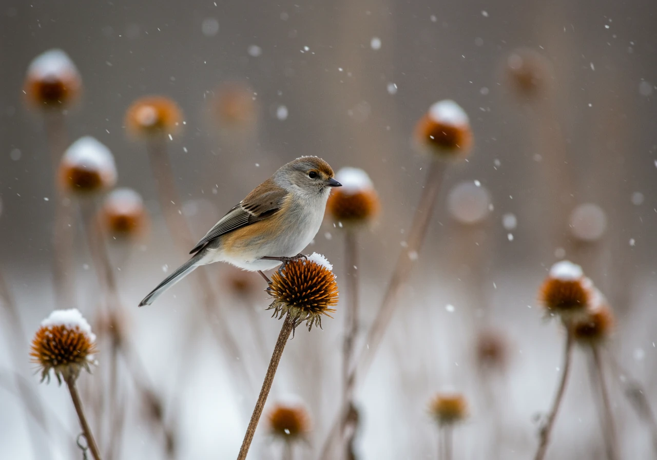 An image highlighting wildlife support in a winter garden. It features a small North American songbird, like a chickadee or goldfinch, perched on the dried, dark seed head of a coneflower (Echinacea) or Rudbeckia plant left standing. A light dusting of snow could be on the plant and background, emphasizing winter food sources.