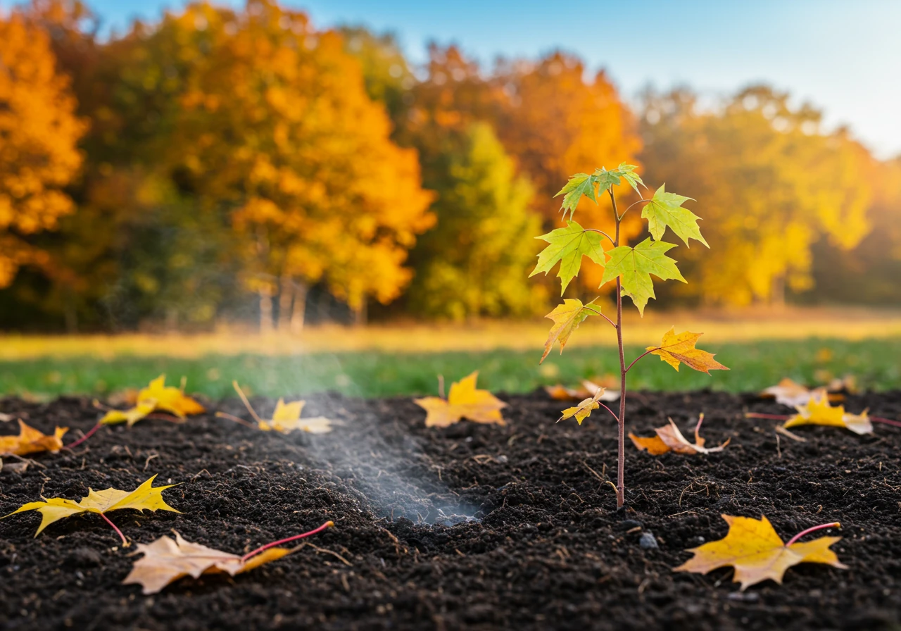 A tranquil autumn scene focusing on the ground level around a newly planted young sapling (perhaps a small maple with hints of red or yellow leaves). The dark, rich soil around the base of the sapling has a very subtle, faint mist or steam rising from it, visually suggesting warmth retained from the summer. The background shows fallen colorful autumn leaves scattered on the ground under a canopy of trees displaying peak fall foliage under a crisp, clear blue sky. The lighting suggests cool morning air.