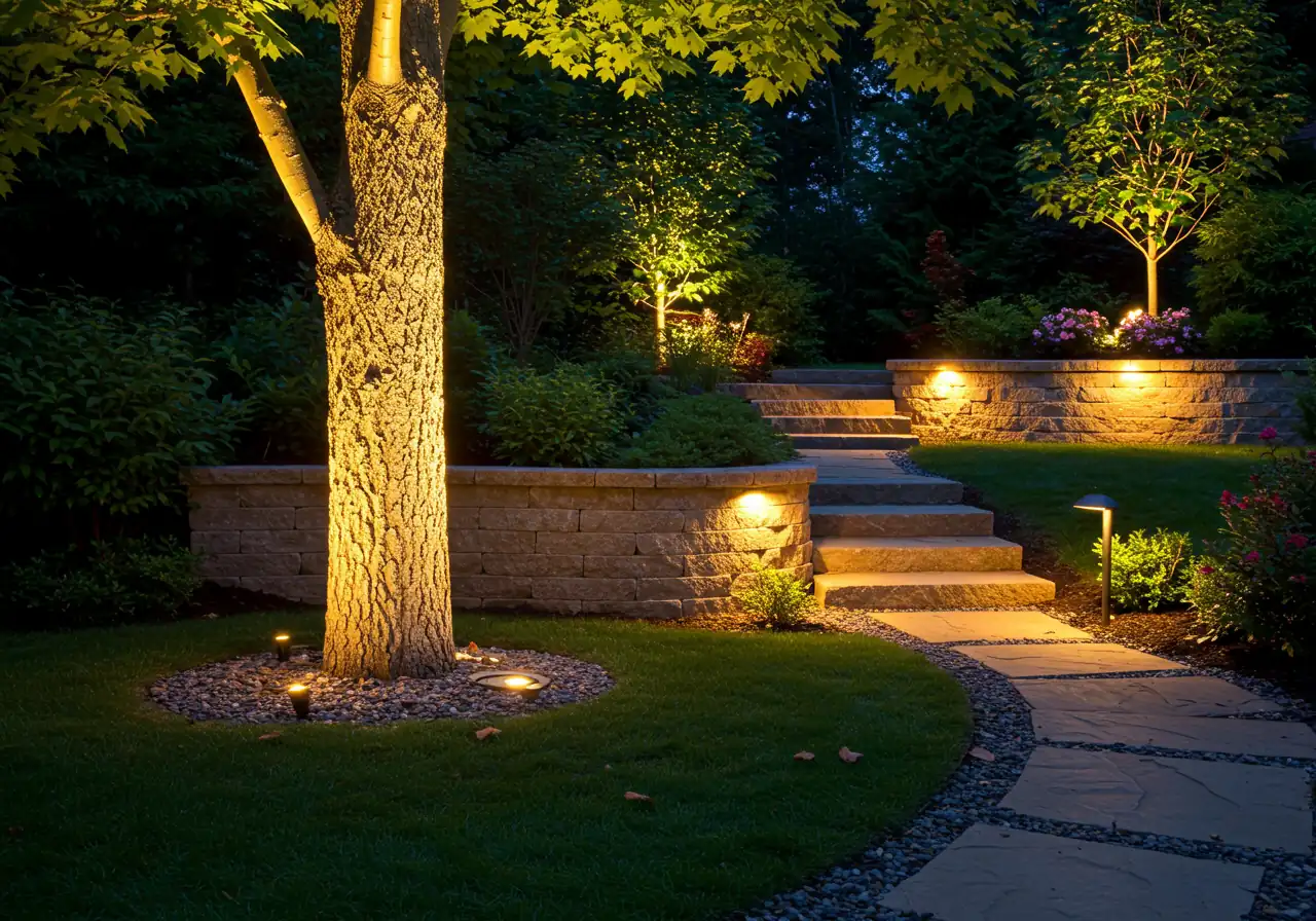 A night scene showcasing several types of outdoor light fixtures subtly integrated into a landscape. Focus on a spotlight uplighting the textured bark of a mature tree, a well light grazing a natural stone wall, and a path light casting soft light onto nearby steps, demonstrating different effects.