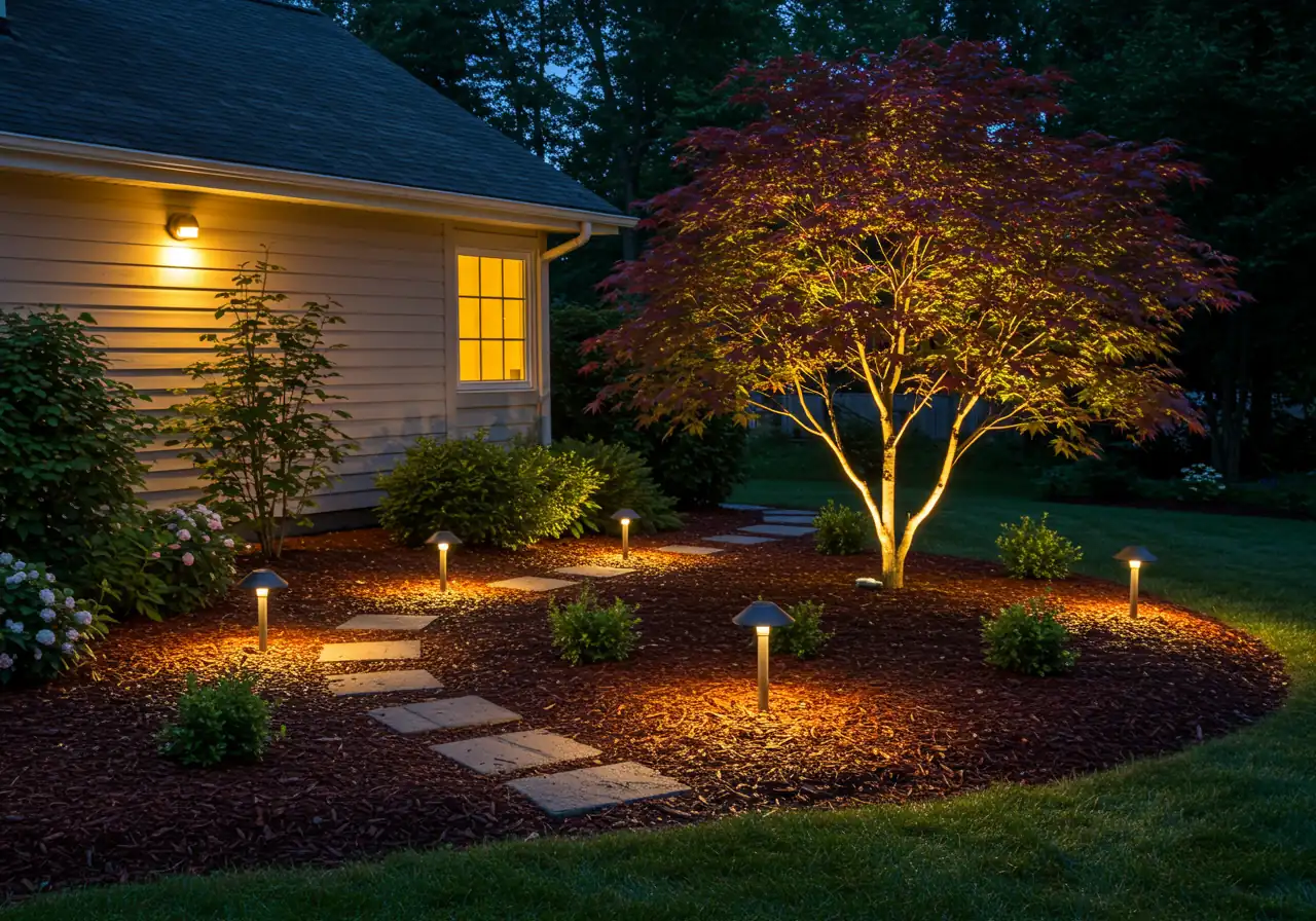 A nighttime garden scene showcasing multiple types of outdoor lighting integrated into the landscape. Include pathway lights along a mulch bed edge, a spotlight subtly uplighting a small ornamental tree, and perhaps a wall sconce visible on a nearby house wall, demonstrating different fixtures working together.