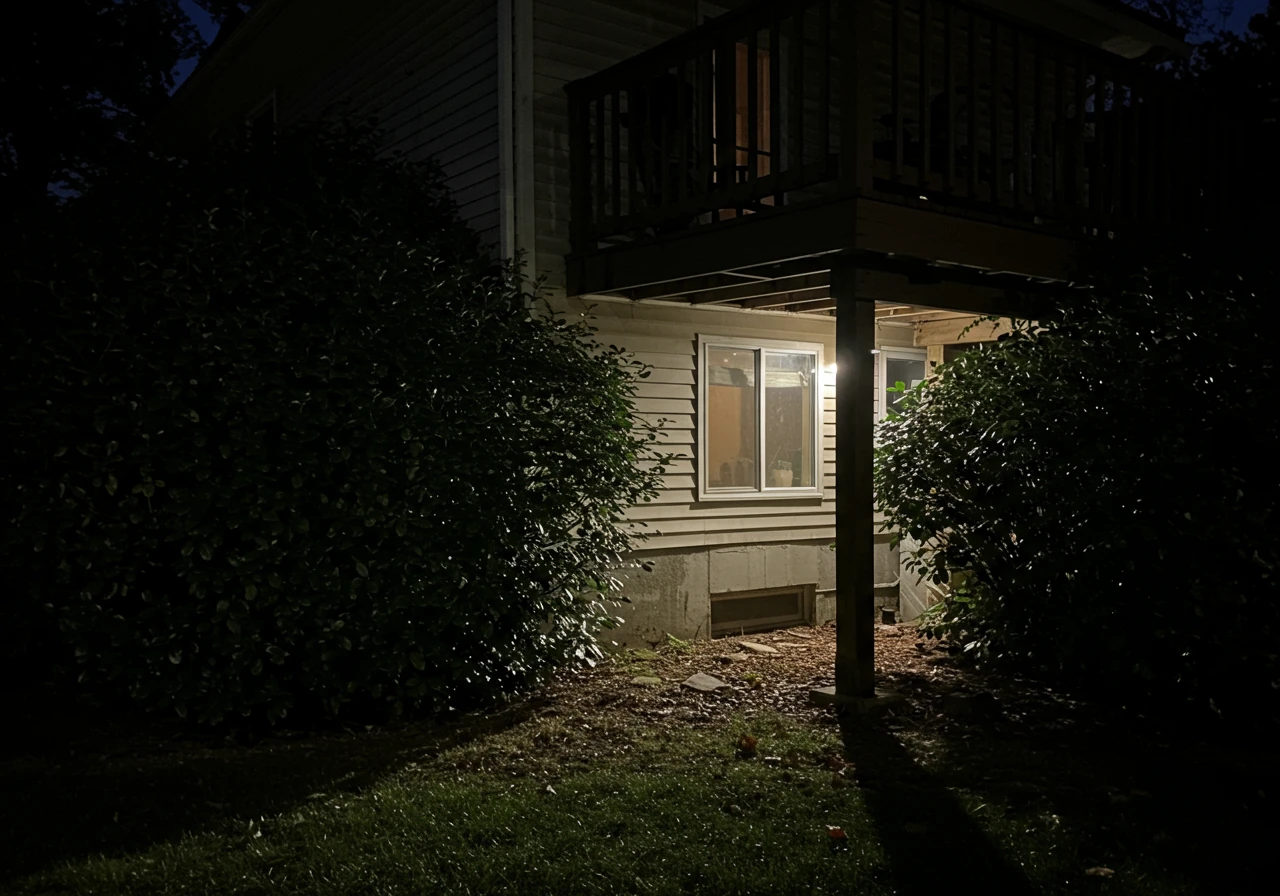 A night shot focusing on a poorly lit area beside a house, perhaps near a basement window or under a deck. Dense shrubbery casts deep, obscuring shadows, highlighting a potential hiding spot that security lighting aims to eliminate. The mood should be slightly uneasy, emphasizing vulnerability.