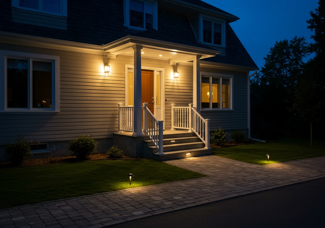 A clear view of a home's front entrance at night, brightly and strategically illuminated. Shows wall sconces flanking the front door casting welcoming light, step lights illuminating the porch stairs, and pathway lights leading up the walkway. The overall impression is safe, inviting, and well-planned.