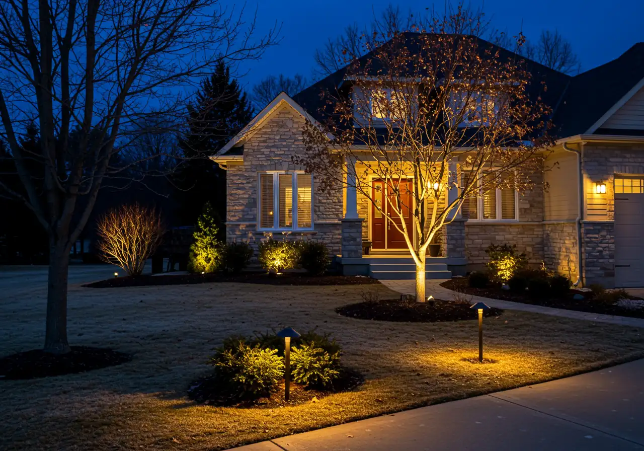 A well-composed nighttime view of a residential home's front yard landscaping, showcasing a layered lighting design appropriate for the Ottawa area. It includes subtle path lighting along a walkway, uplighting on a prominent feature tree, perhaps some downlighting from under eaves onto foundation plantings, and maybe grazing light on stonework. The overall effect is balanced, enhancing curb appeal and safety, using warm-toned LED light.