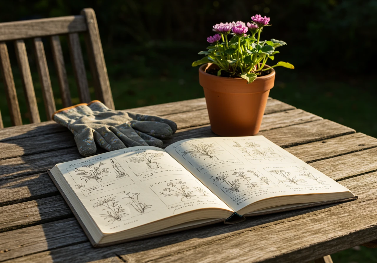 An evocative image capturing the reflective mood of the garden debrief. An open gardening notebook showing simple, non-legible plant sketches and layout diagrams rests on a weathered wooden garden table outdoors. Beside the journal sits a small terracotta pot containing a perennial plant showing late-season fatigue (slightly wilted or browned leaves), and perhaps a single, worn canvas gardening glove lies nearby. The scene is bathed in the soft, golden light of late afternoon autumn, suggesting thoughtful review at the end of the growing season.
