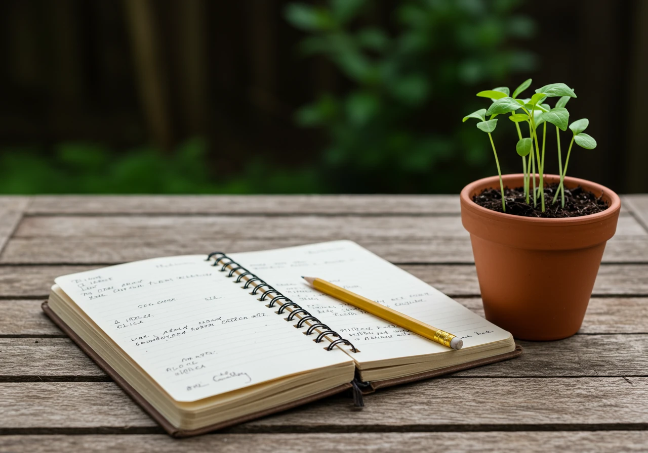 An open, slightly weathered gardening notebook and pencil resting on a rustic wooden surface, perhaps a potting bench or garden table edge. Beside the notebook, a small terracotta pot with a healthy green seedling is visible, suggesting the context of gardening. The focus is on the notebook as the central tool.