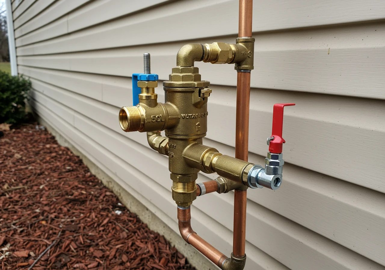 A clear, well-lit outdoor photograph showing a standard residential backflow prevention device. The image should feature the brass assembly with its characteristic valves and test cocks, mounted vertically on copper pipes against the brick or siding foundation of a house. Include a small portion of the foundation and adjacent ground (perhaps with dormant mulch or soil) to provide context, but keep the focus sharp on the backflow device itself.