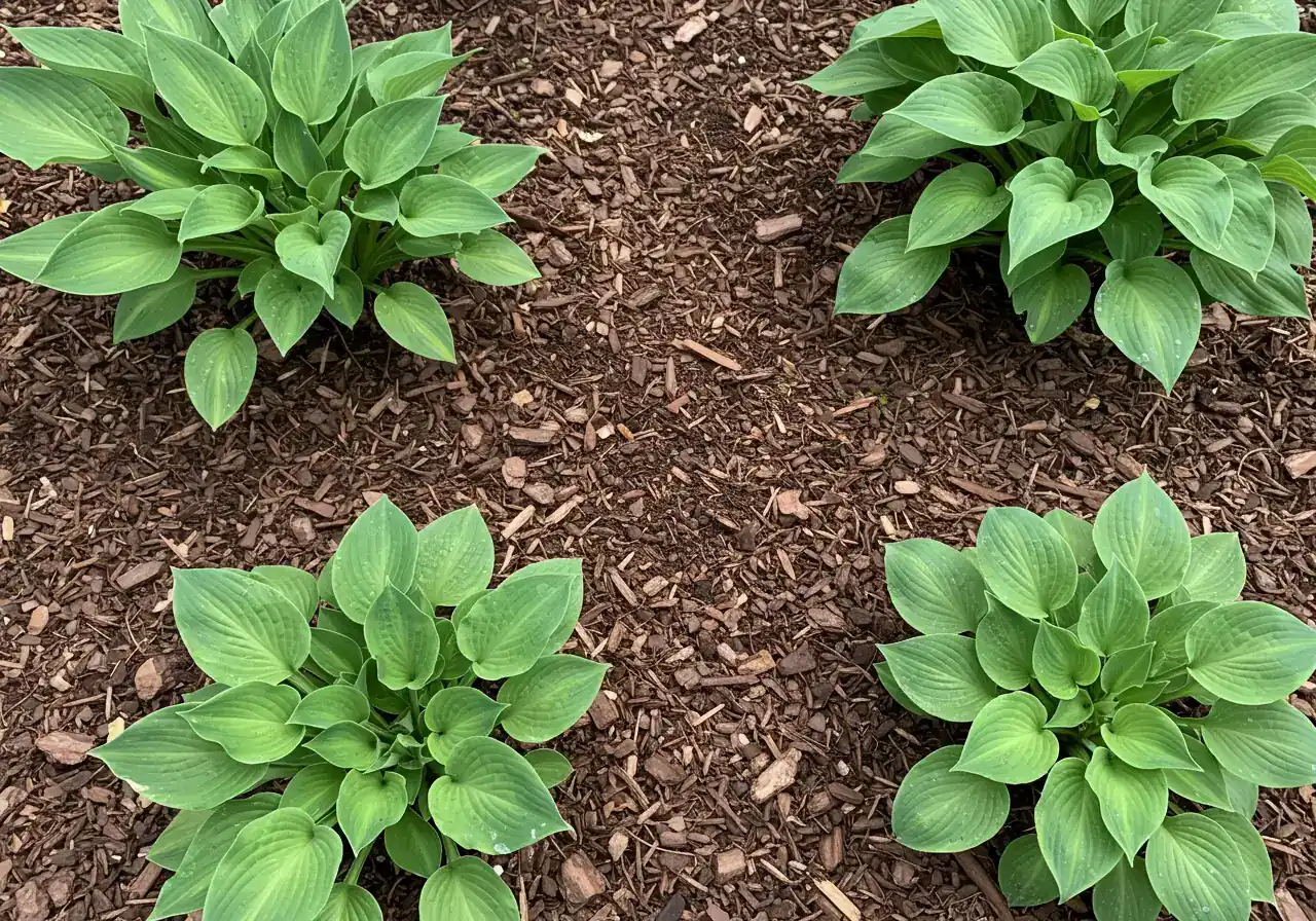An overhead or slightly angled photograph clearly illustrating the 'Mulching Magic' best practice. It should show a section of a garden bed with healthy perennials (e.g., Hostas or ferns) where a 2-3 inch layer of dark brown shredded bark mulch is applied evenly over the soil, but carefully pulled back 1-2 inches from the base stems of the plants, preventing direct contact.