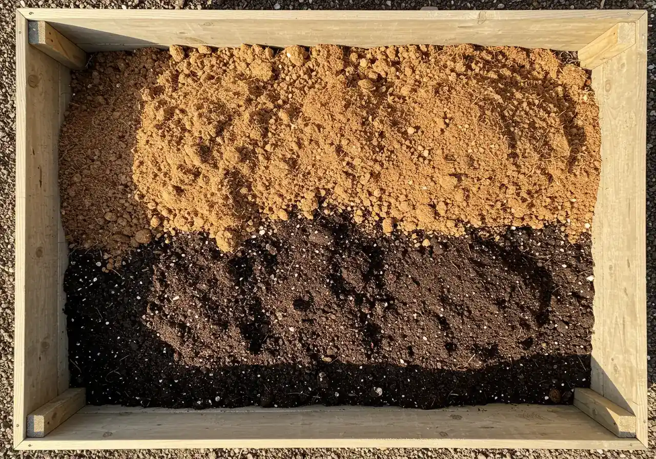 An overhead, slightly angled view into a partially filled raised garden bed. It clearly shows distinct layers or sections representing the 'Triple Mix' concept: a base layer of dark topsoil, a thick middle layer of rich, dark compost, and a top layer of lighter brown coco coir or peat moss being added or already mixed in slightly. The soil looks loose and inviting.