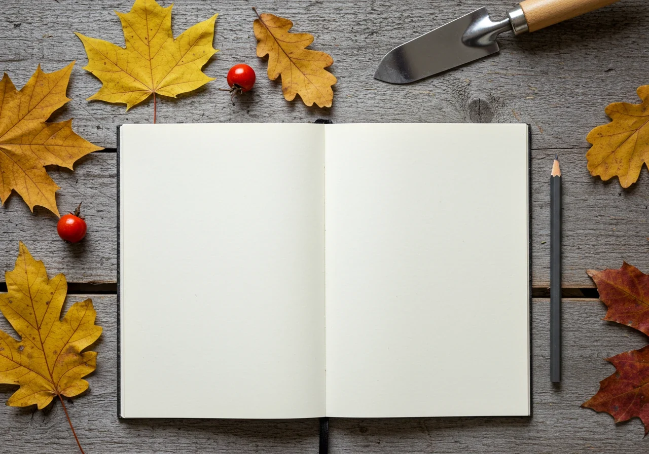 A close-up, evocative image symbolizing the act of garden record-keeping without showing hands or text. An open, blank-paged notebook and a simple pencil rest on a weathered wooden garden table or bench surface, surrounded by a few scattered, colourful fall leaves. Maybe a clean garden trowel lies nearby. This visually represents the 'detective kit' concept.