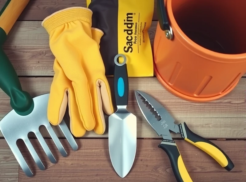 A close-up overhead shot of various gardening tools laid out neatly on a wooden surface. Include a rake, hand trowel, gardening gloves, pruning shears, and a small bucket. The tools should look slightly used but clean, suggesting active use.