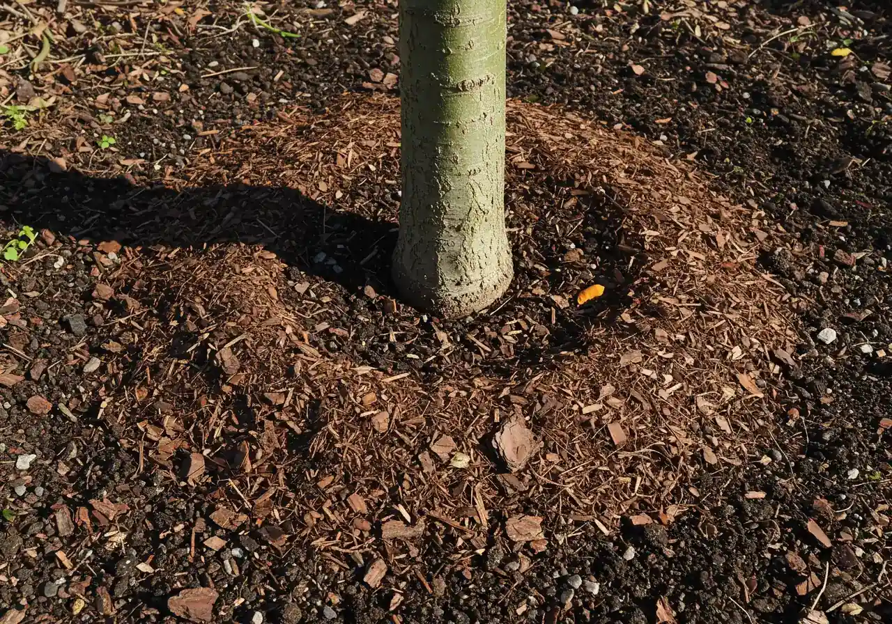 A close-up, ground-level view demonstrating correct mulching technique around the base of a small tree or shrub. The image must clearly show the 'donut' shape, with mulch pulled away from the trunk/stem, emphasizing the proper application described.