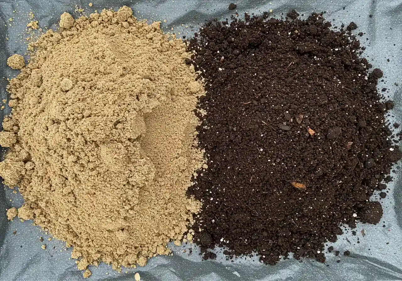 Close-up visual of the essential amended soil mixture described in Step 3. This helps readers understand the composition needed to overcome clay soil drainage issues within the rain garden itself.