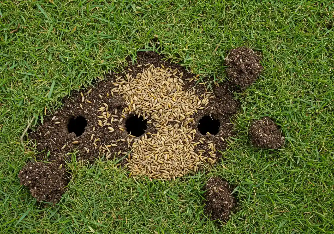 An overhead close-up view capturing grass seed scattered across a recently aerated lawn. Some seeds should be visible falling into the aeration holes and resting near the soil cores left on the surface. This illustrates the concept of overseeding after aeration.