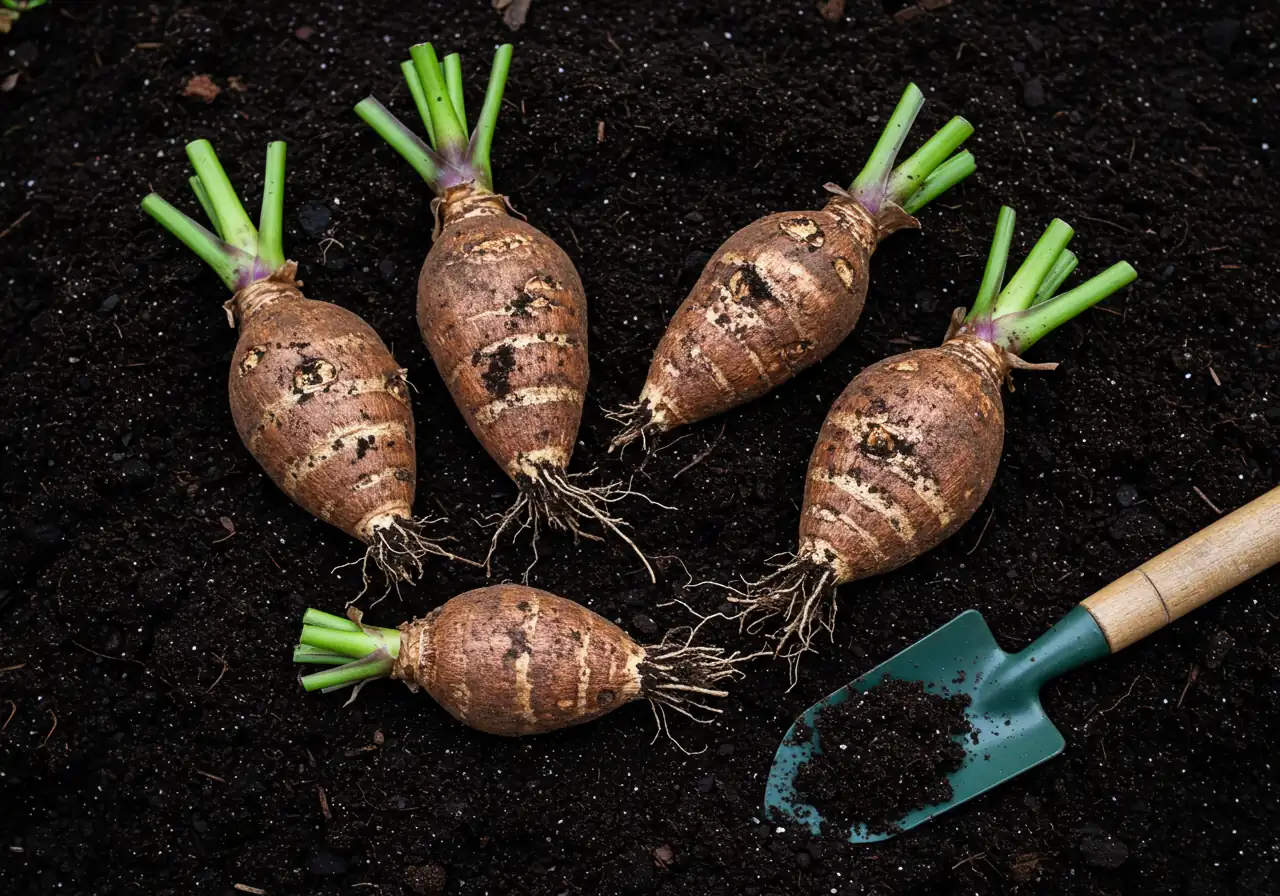 An image showing tender bulbs like dahlias after being dug up, illustrating the process described for saving plants like dahlias or cannas over winter. This helps visualize the appearance and handling of these specific plant parts.