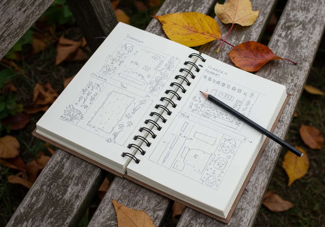 A close-up overhead view of a simple, hand-drawn garden map sketch in a spiral notebook resting on a weathered garden bench. The map uses basic shapes and lines to indicate garden beds and key plant locations (no text labels). A few fallen leaves are nearby. Focus is on the act of garden documentation.