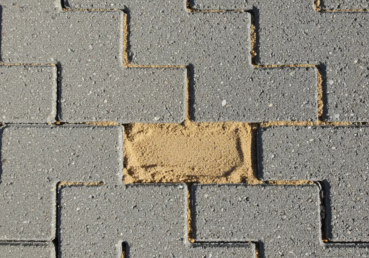 A close-up photograph showing polymeric sand being swept into the joints of newly laid interlocking pavers. This highlights a key material recommendation and installation technique mentioned in the text for stability and weed prevention.