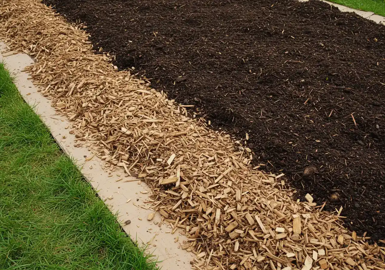 A clear, overhead close-up photograph illustrating the layers of sheet mulching on a section of a garden bed. The bottom layer shows overlapping plain brown cardboard laid directly over grass. Above the cardboard is a thick, distinct layer of dark, rich compost (4-6 inches). The top layer is composed of natural brown wood chip mulch. The image should clearly delineate the different materials used in the process.
