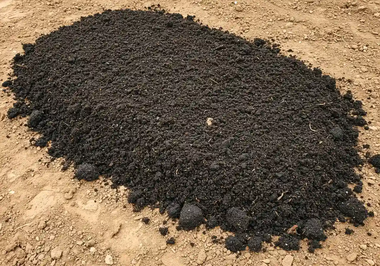 An overhead or slightly angled close-up view demonstrating the crucial step of amending clay soil. It shows a distinct area of loosened, light-brown clay soil partially covered with a thick, generous layer of dark, rich, textured compost, highlighting the contrast and the mixing process.