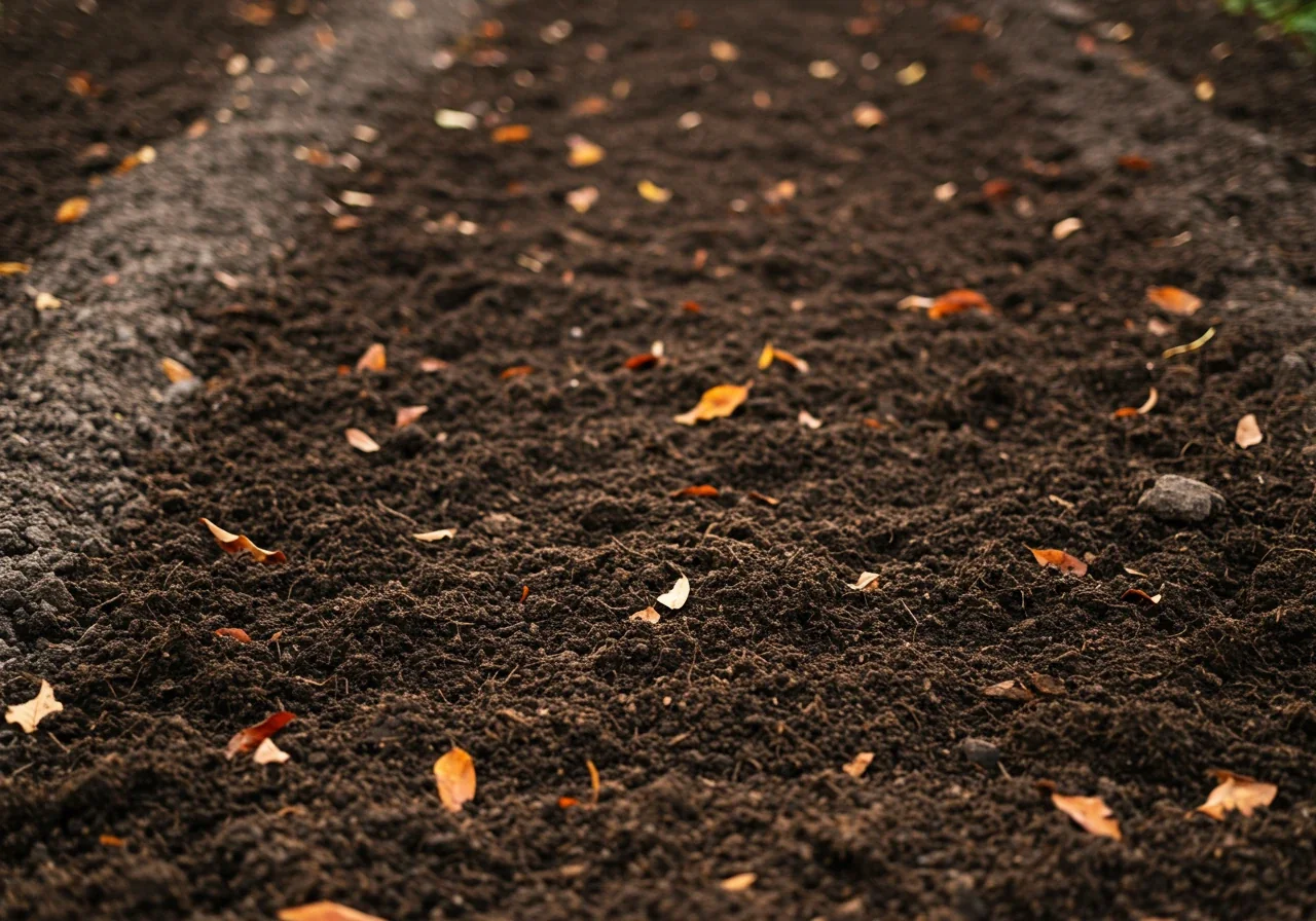 An image showcasing the addition of organic matter to garden soil in the fall. It should depict rich, dark compost being spread over a garden bed, highlighting the texture contrast between the compost and the existing soil. This visually reinforces the benefit of amending soil.