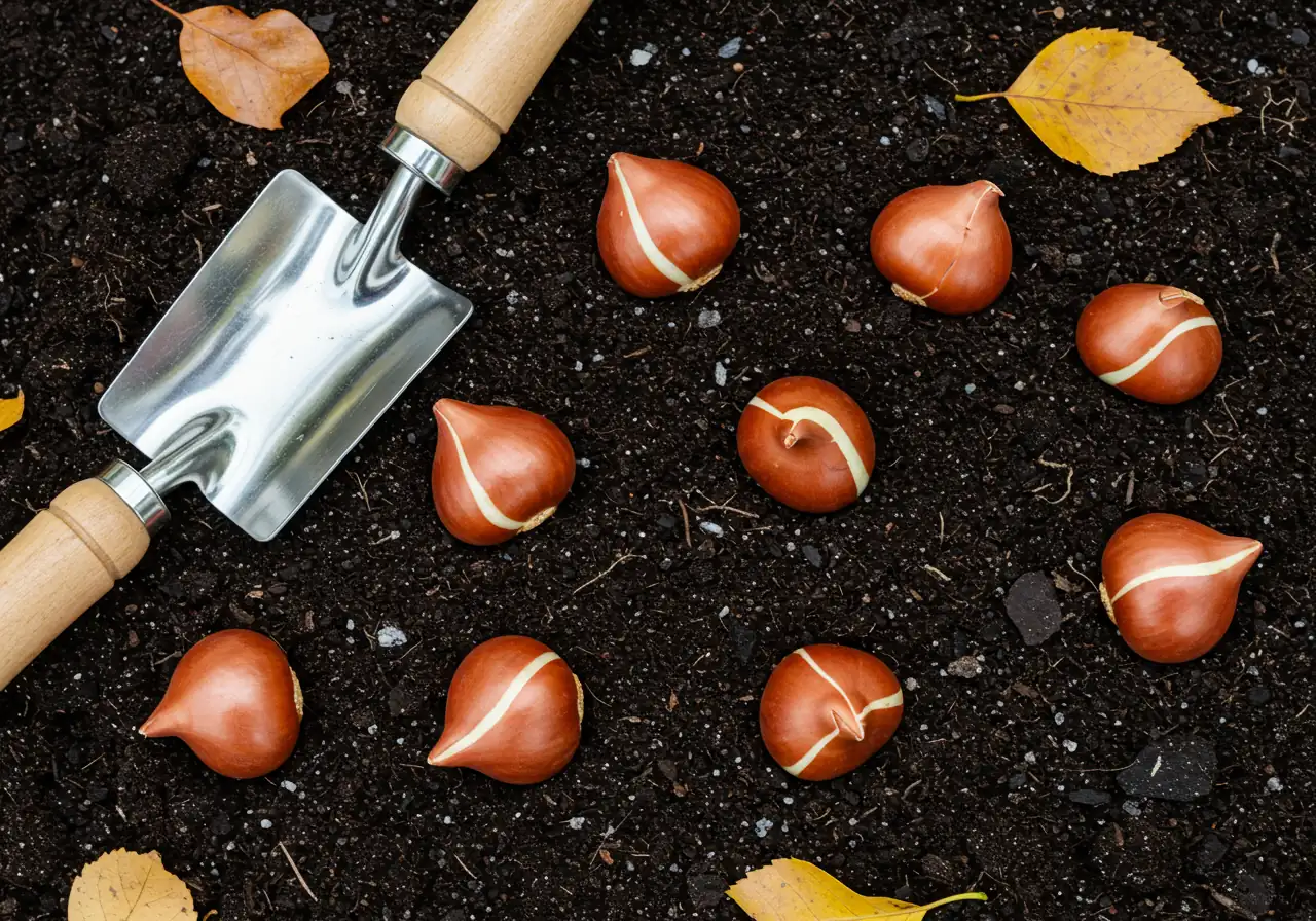 An overhead or slightly angled view into a prepared garden bed showing several spring-flowering bulbs (like tulips or daffodils) correctly positioned pointy-end-up in planting holes within dark, crumbly soil. A metal hand trowel is partially visible nearby, resting on the soil, visually representing fall bulb planting.