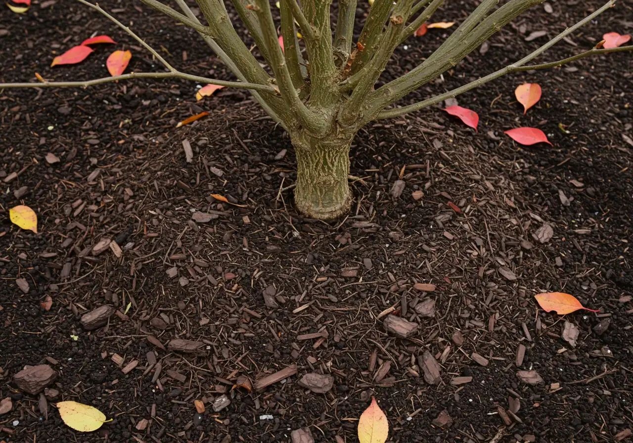 An overhead or slightly angled close-up view demonstrating correct mulching technique around the base of a shrub. It should show the layer of mulch (like shredded bark) applied around the plant, emphasizing the crucial gap left between the mulch and the main stem.