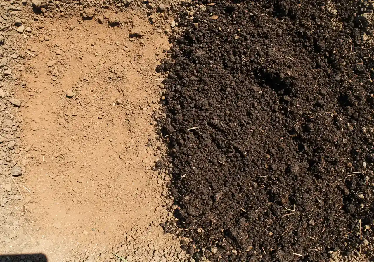 An overhead view showing the contrast between unimproved heavy clay soil and rich, dark compost being spread on top. A patch of dense, light-brown clay soil takes up half the frame, while the other half shows a generous layer of dark, crumbly compost being added, illustrating the amendment process before mixing.