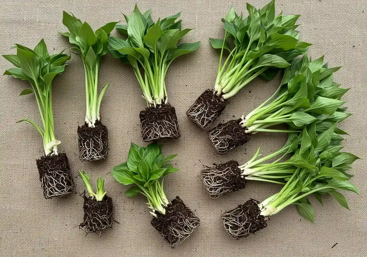 An overhead view showing several healthy perennial divisions (e.g., smaller Hosta or Daylily clumps) neatly laid out on a piece of burlap or a tarp after being separated from the mother plant. Each division clearly shows healthy roots and several shoots/leaves, ready for replanting.