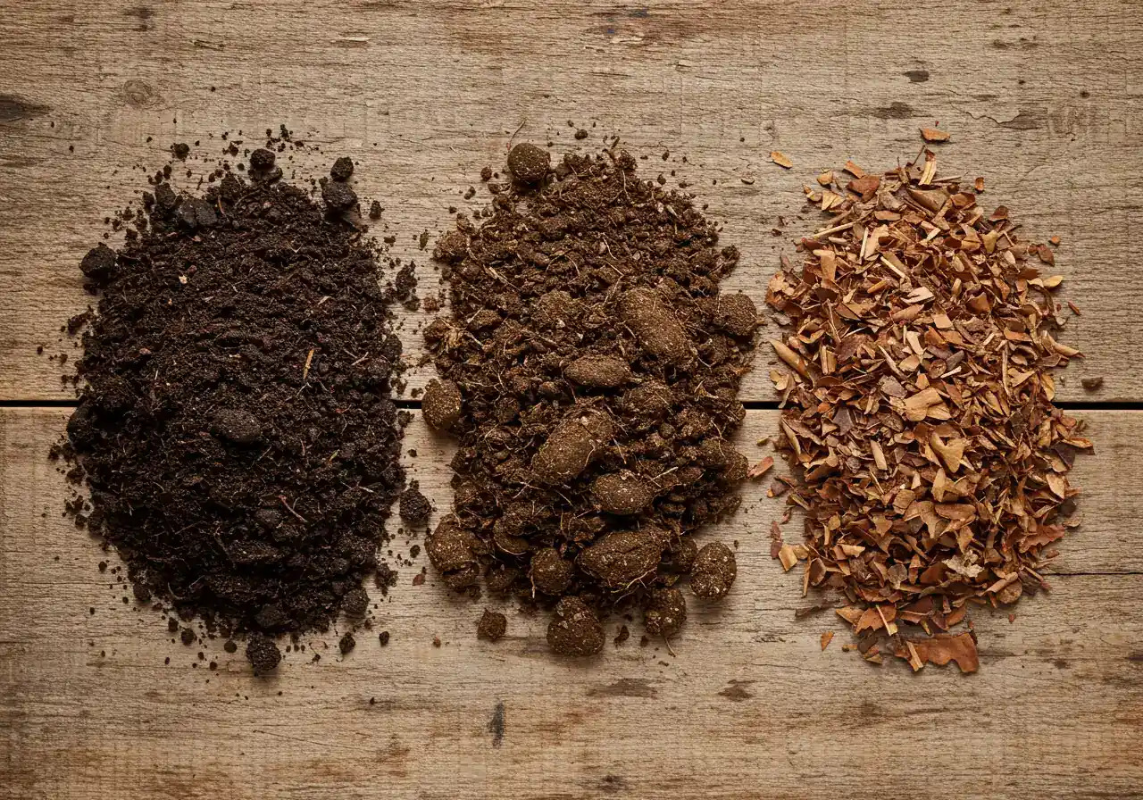 An overhead flat-lay photograph showcasing the primary organic amendments discussed. Neatly arranged, distinct piles of dark, rich compost, slightly coarser, well-rotted brown manure, and shredded autumn leaves are displayed on a neutral, slightly rustic background like weathered wood or burlap. This visually introduces the 'Amendment All-Stars'.
