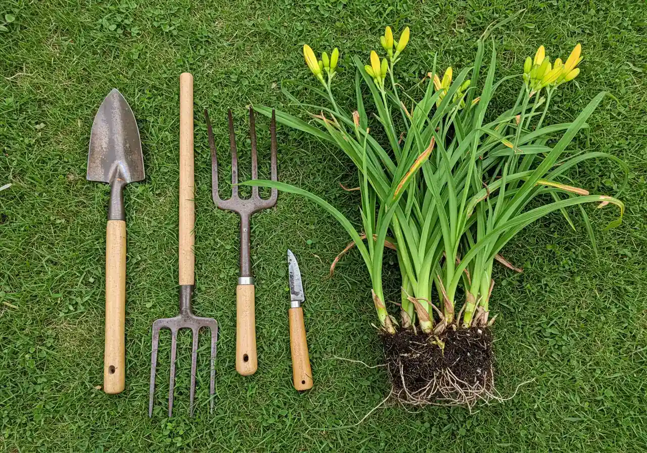 Essential tools for dividing perennials (spade, fork, knife, tarp) laid out next to a lifted perennial clump.