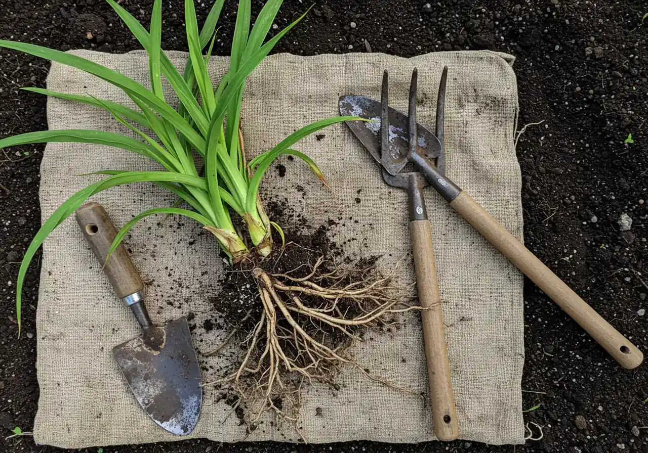 An overhead or eye-level shot depicting the tools ready for division next to a successfully excavated perennial clump. The image should show a large clump of a perennial (like a Daylily or Hosta) lifted out of the ground, resting on a simple piece of burlap or a tarp, with its root ball partially visible. Beside it, place a clean, sharp garden spade and a sturdy garden fork, implying the next step without showing any human interaction.