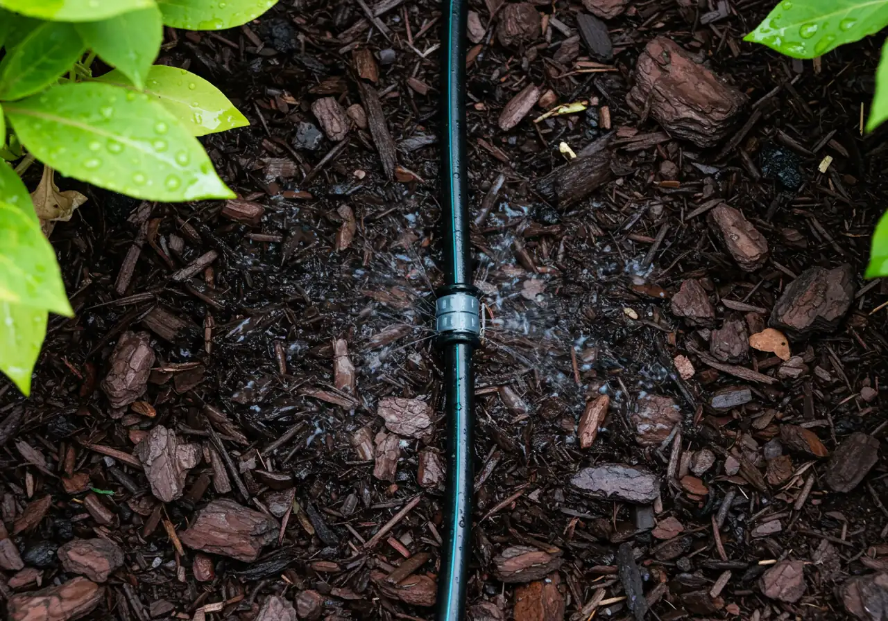 An overhead view photograph focusing on a black soaker hose laid neatly in a garden bed filled with dark brown bark mulch. Droplets of water are visibly seeping from the pores of the hose, creating small dark damp patches on the surrounding mulch near the base of several healthy green plant stems (like small perennials or shrubs). The lighting suggests early morning, casting soft shadows.